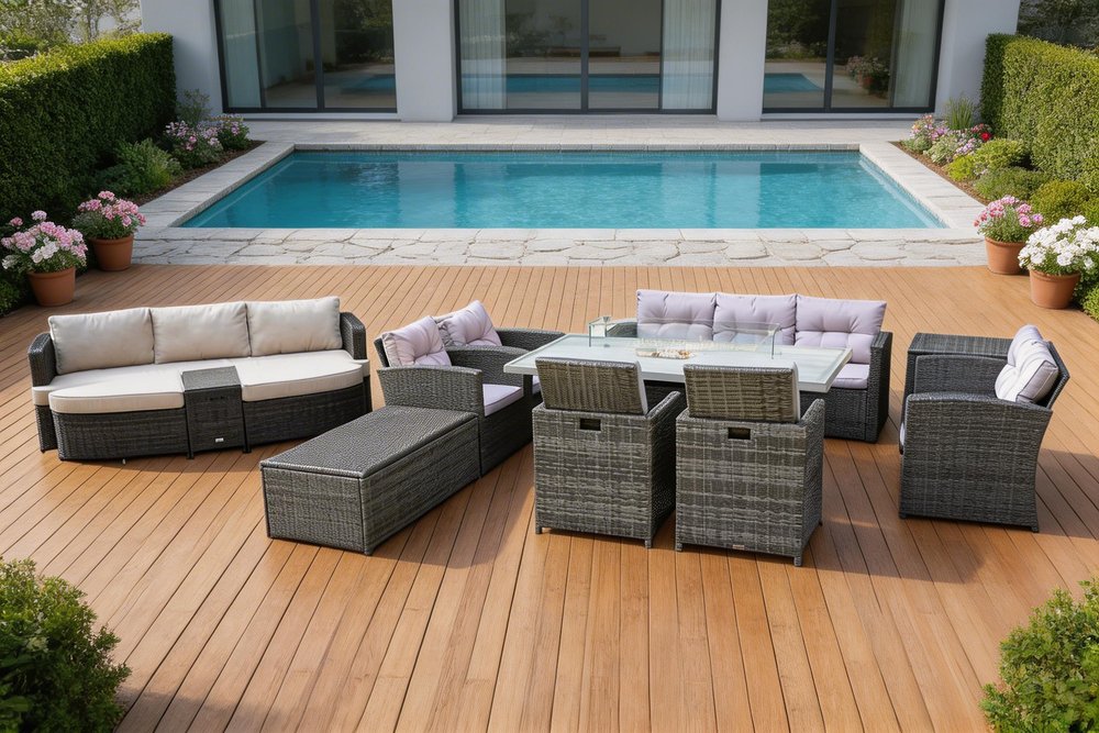 Gray wicker outdoor conversation set with fire pit and cushions