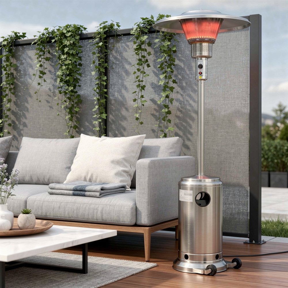 Silver steel propane standing patio heater for outdoor heating