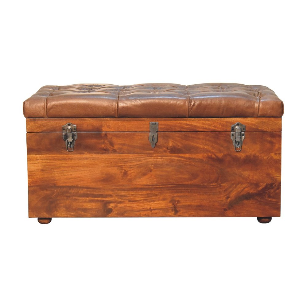 Brown solid wood outdoor storage bench with hidden storage