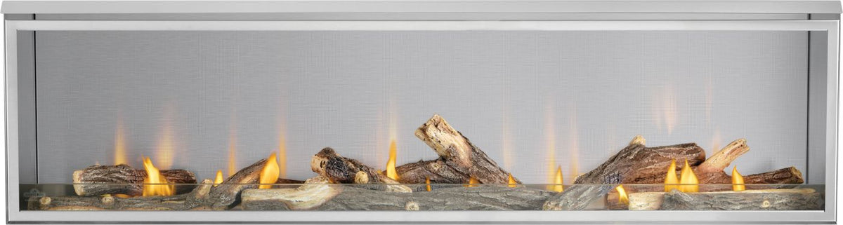 Napoleon Galaxy GSS74 outdoor gas fireplace with flames lit