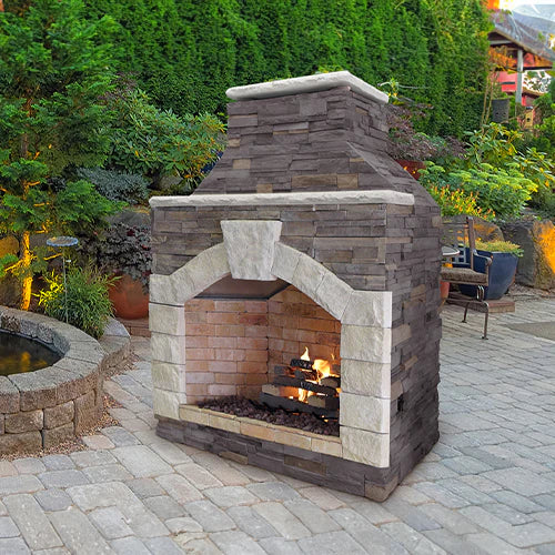 Cal Flame outdoor gas fireplace lifestyle image showing premium patio fireplace installation