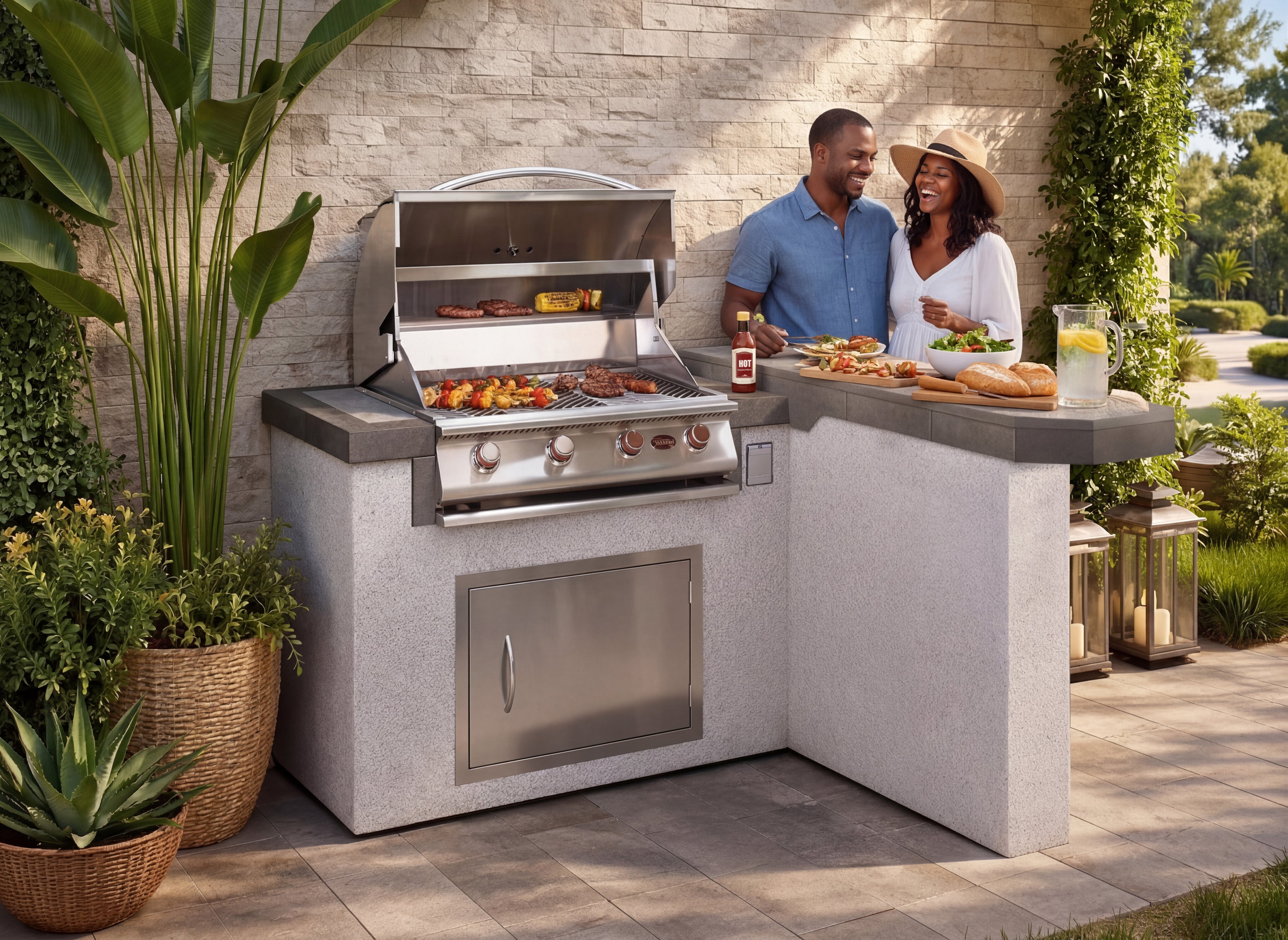 Cal Flame Maui Q BBQ island outdoor kitchen with family entertaining on a patio