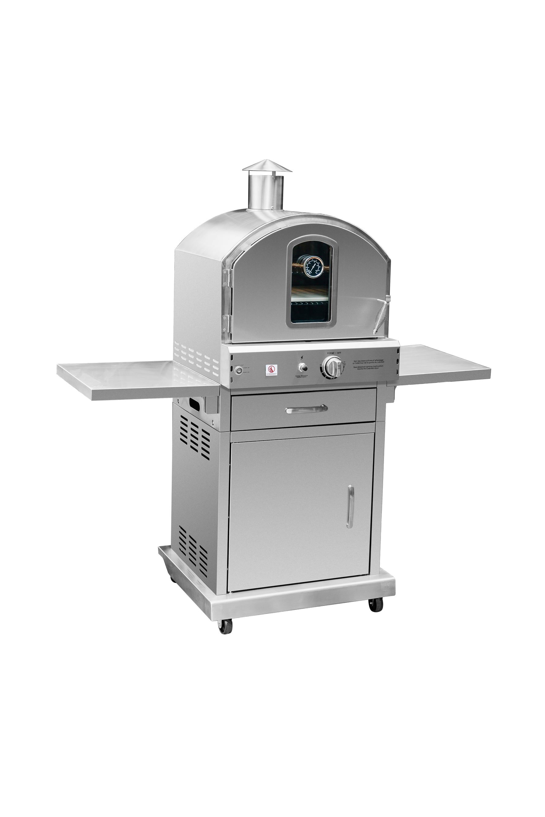 Summerset freestanding outdoor oven angle view showing chimney and door handle