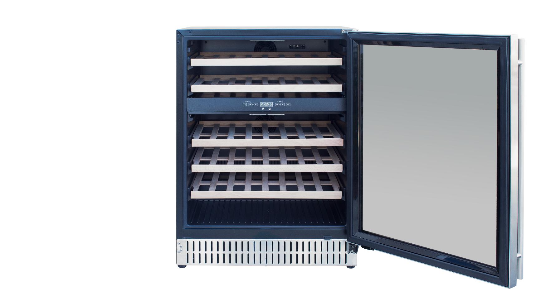 Summerset wine cooler front view open empty showing dual-zone temperature compartments