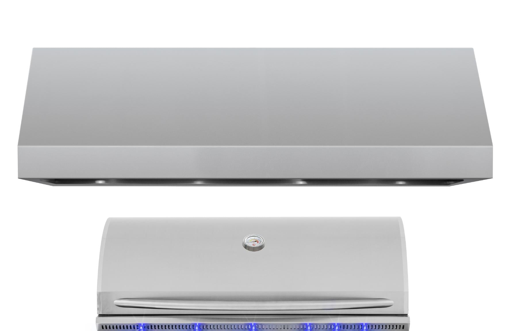 Summerset 60-inch outdoor vent hood installed above grill on covered patio