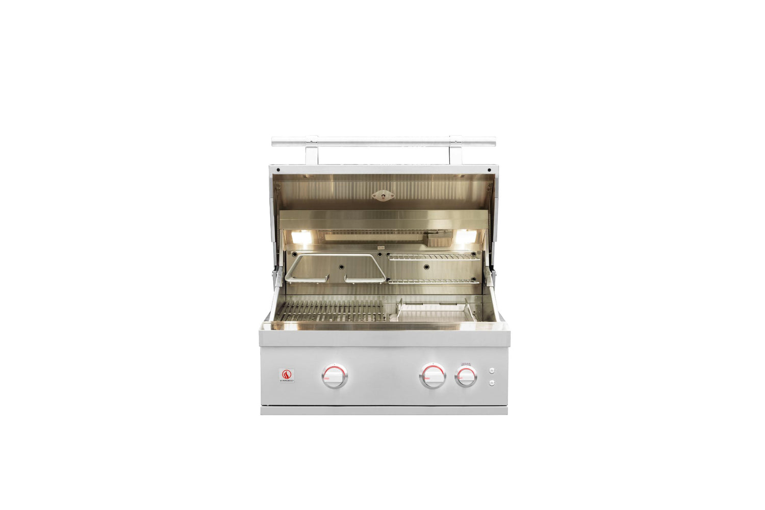 Summerset Quest 30-inch grill open hood view showing 4 stainless burners and warming rack