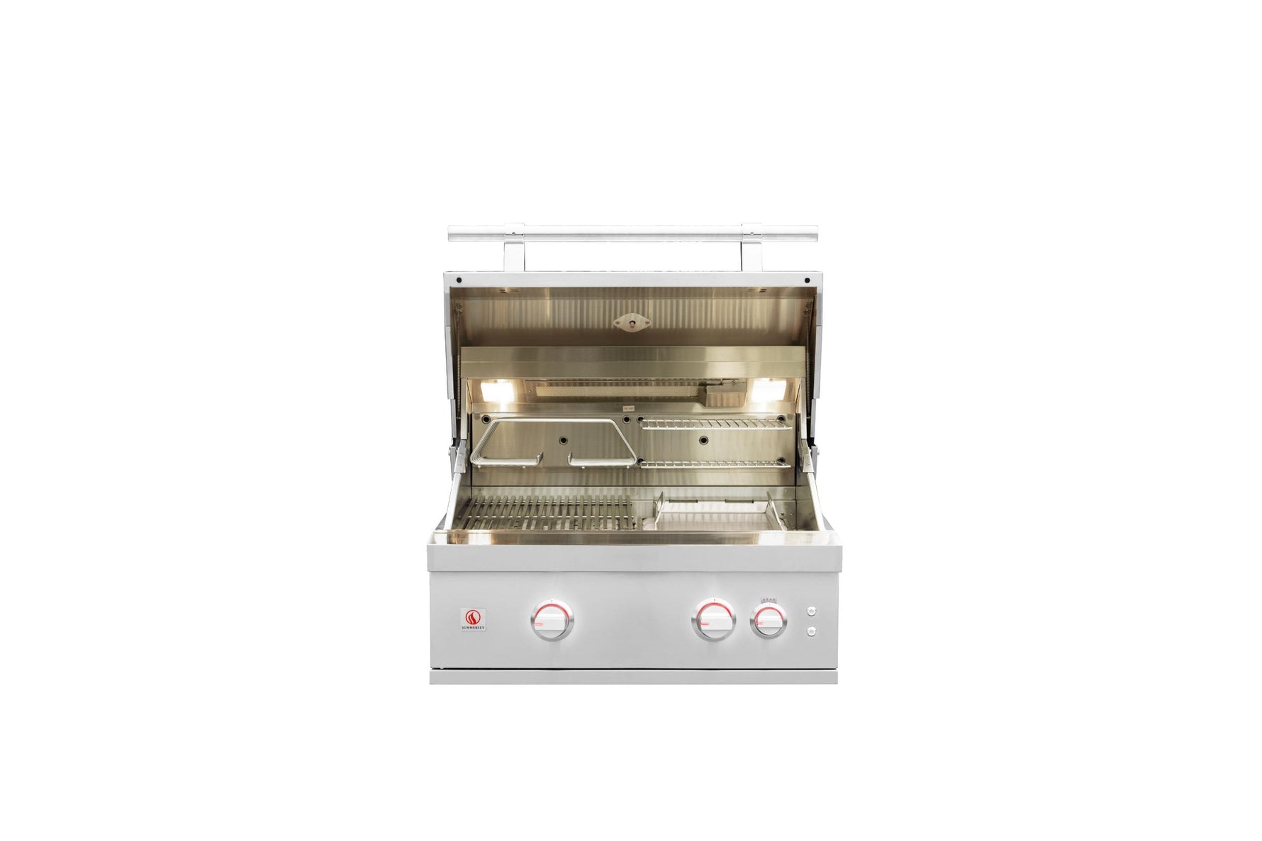 Summerset Quest 30-inch grill open hood view showing 4 stainless burners and warming rack