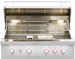 Summerset 42-inch Quest built-in gas grill open hood showing 5 stainless burners and warming racks