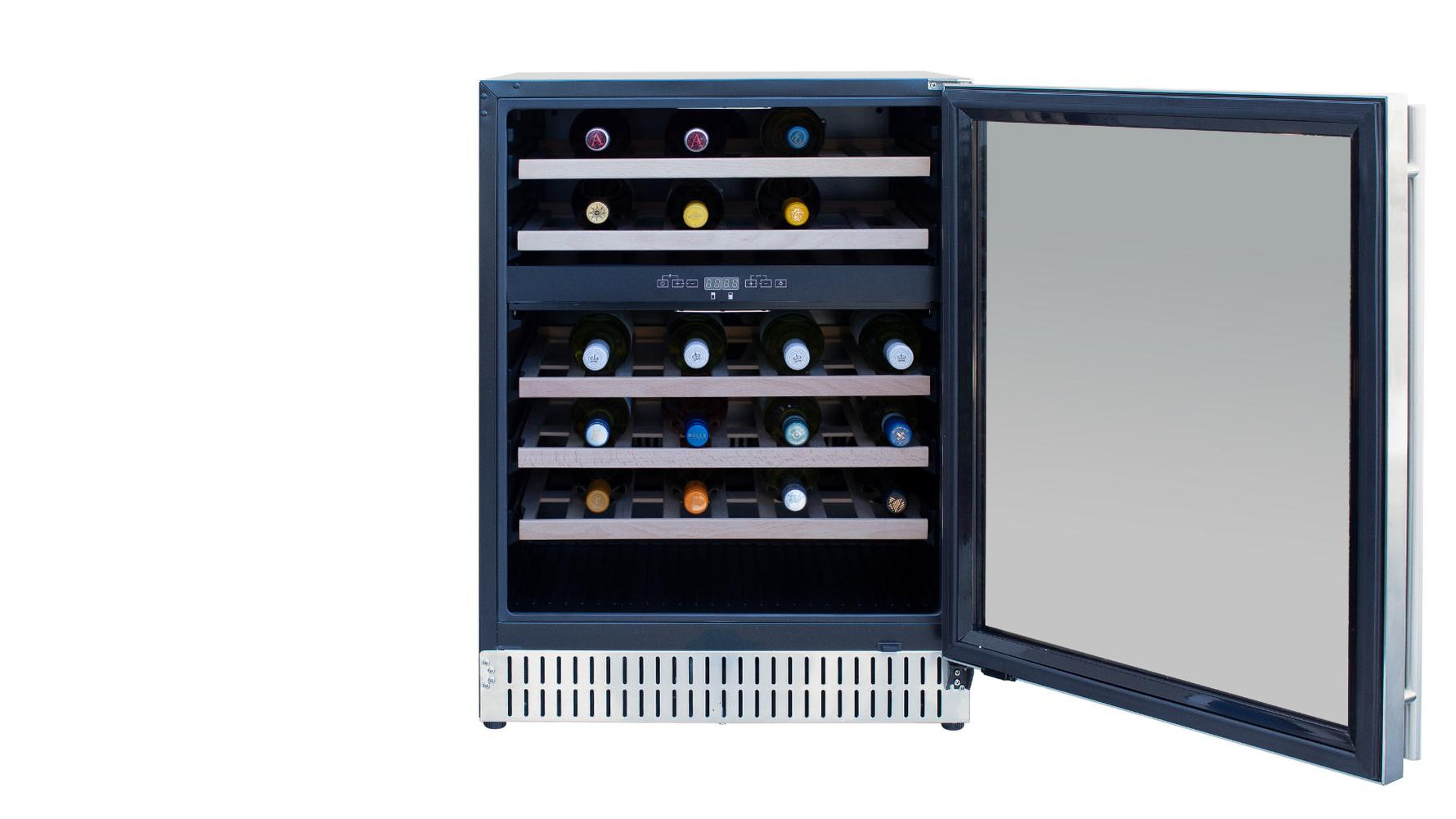 Summerset wine cooler front view open fully stocked with bottles