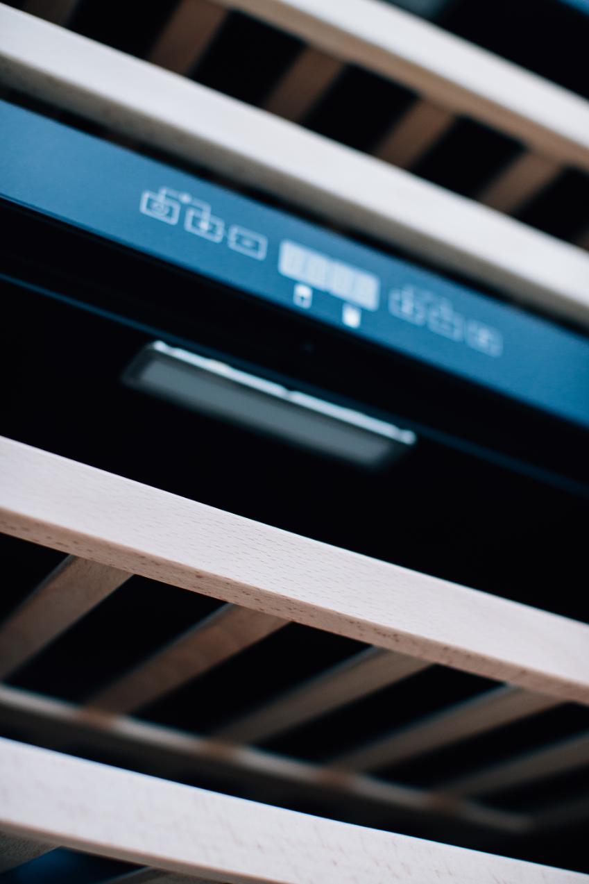 Summerset wine cooler interior racks and digital temperature control detail