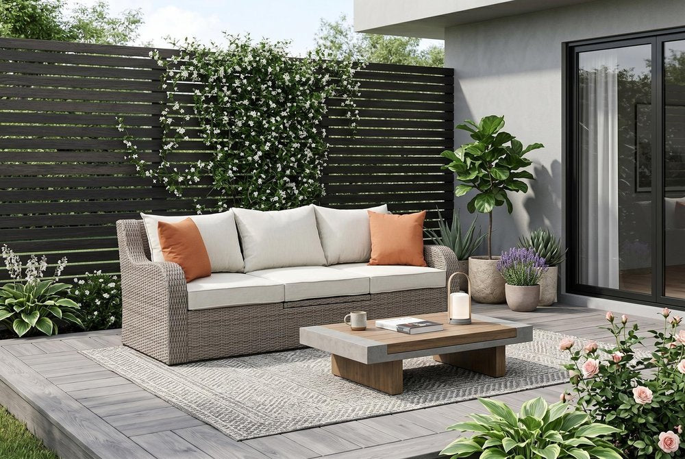 HomeRoots Three Piece Outdoor Gray Wicker Sectional Seating Group with Beige Cushions