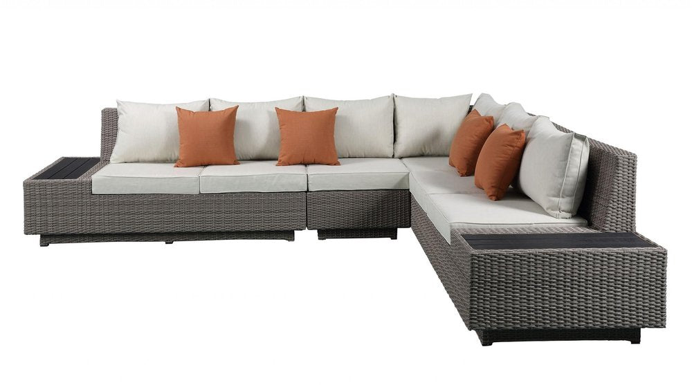 HomeRoots Beige Polyester Modular L-Shaped Four Piece Sectional with Console and Toss Pillows