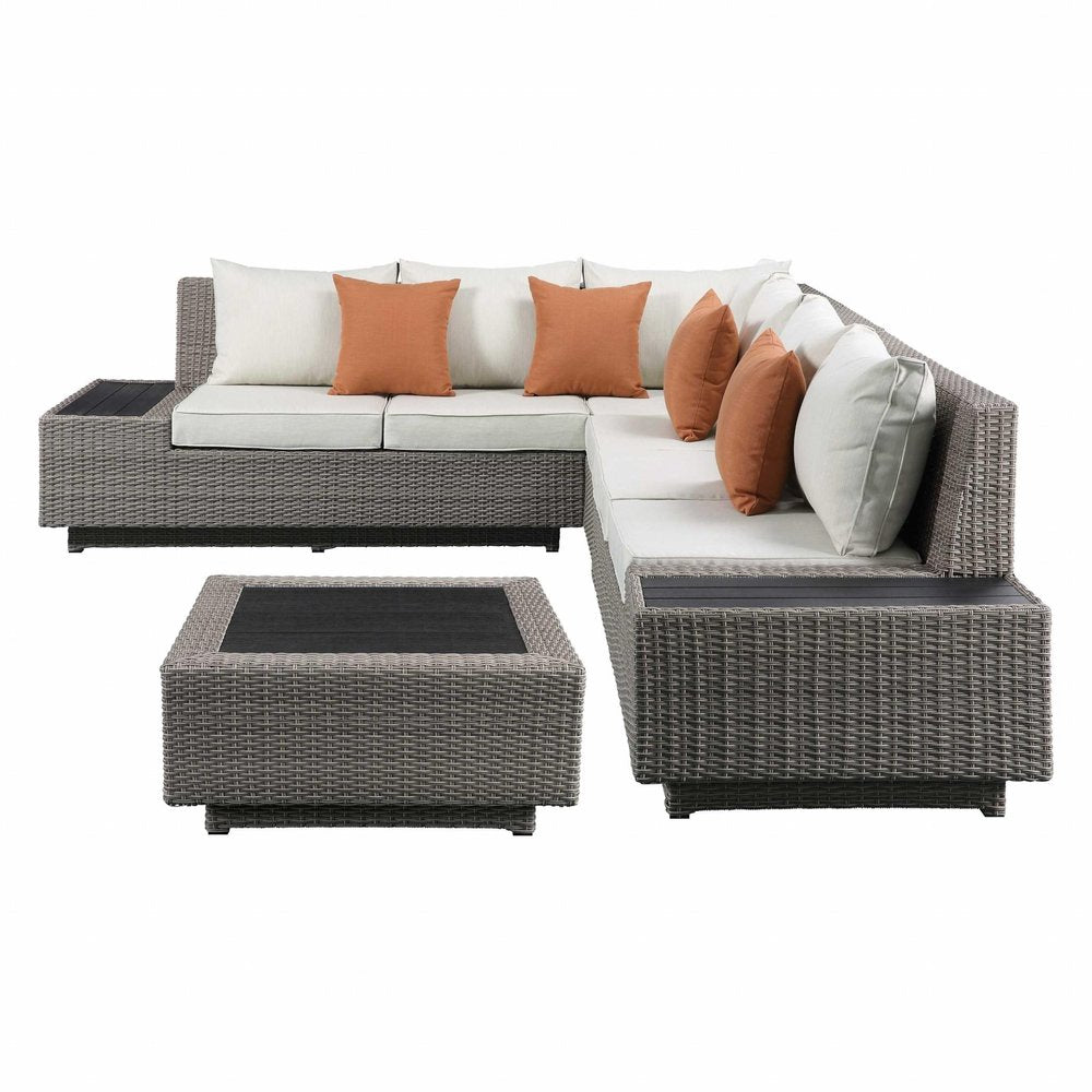HomeRoots Beige Polyester Modular L-Shaped Four Piece Sectional with Console and Toss Pillows