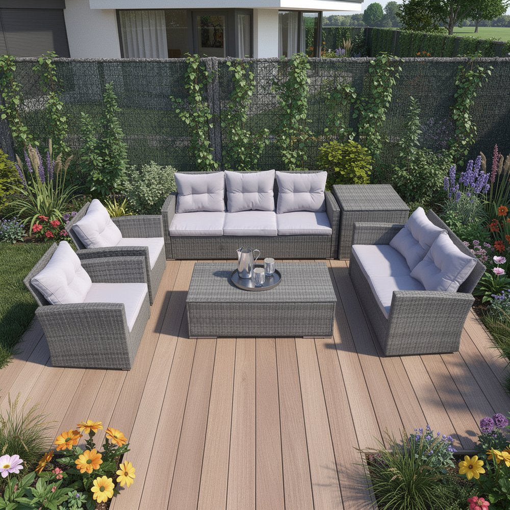 HomeRoots Six Piece Gray Wicker Sofa Seating Group with Table