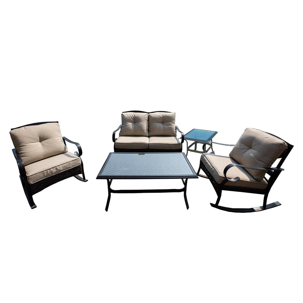 HomeRoots Five Piece Black and Beige Metal Sofa Seating Group with Table
