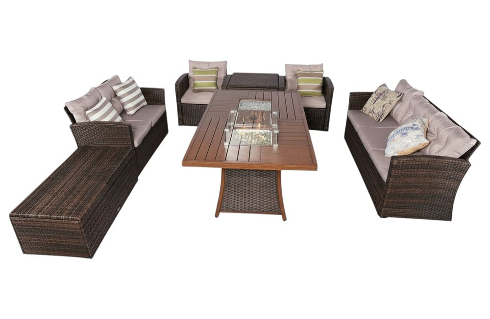 HomeRoots Seven Piece Brown and Gray Wicker Sectional Seating Group with Fire Pit and Table