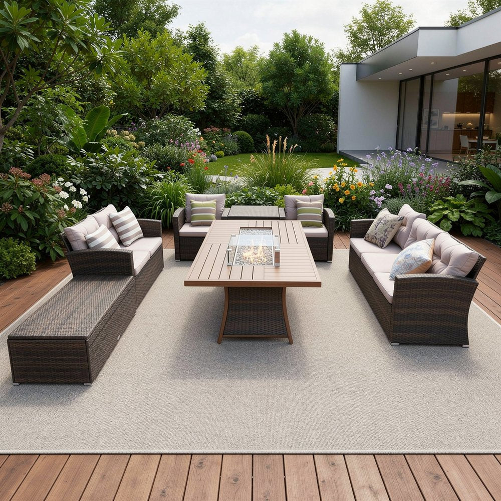 HomeRoots Seven Piece Brown and Gray Wicker Sectional Seating Group with Fire Pit and Table