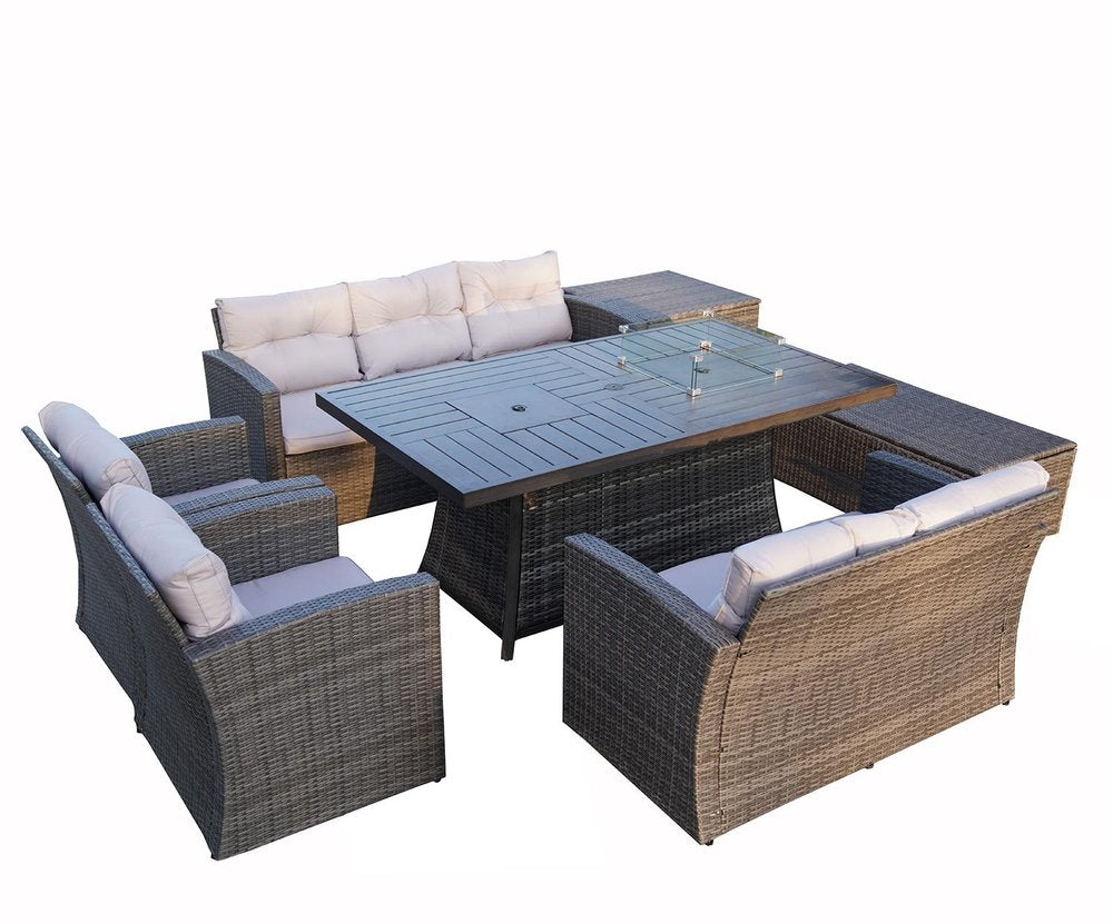 HomeRoots Seven Piece Gray Wicker Upholstered Cushions Sectional Seating Group with Fire Pit and Table