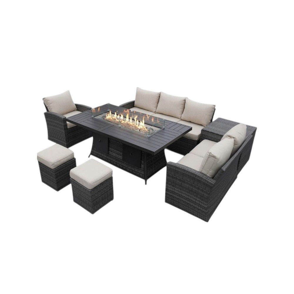 HomeRoots Seven Piece Brown Wicker Upholstered Cushions Sectional Seating Group with Fire Pit and Table