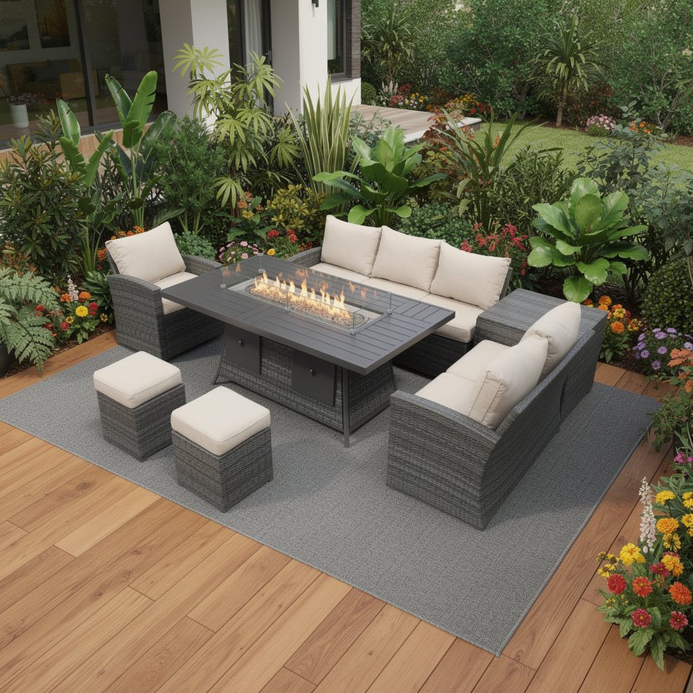 HomeRoots Seven Piece Brown Wicker Upholstered Cushions Sectional Seating Group with Fire Pit and Table