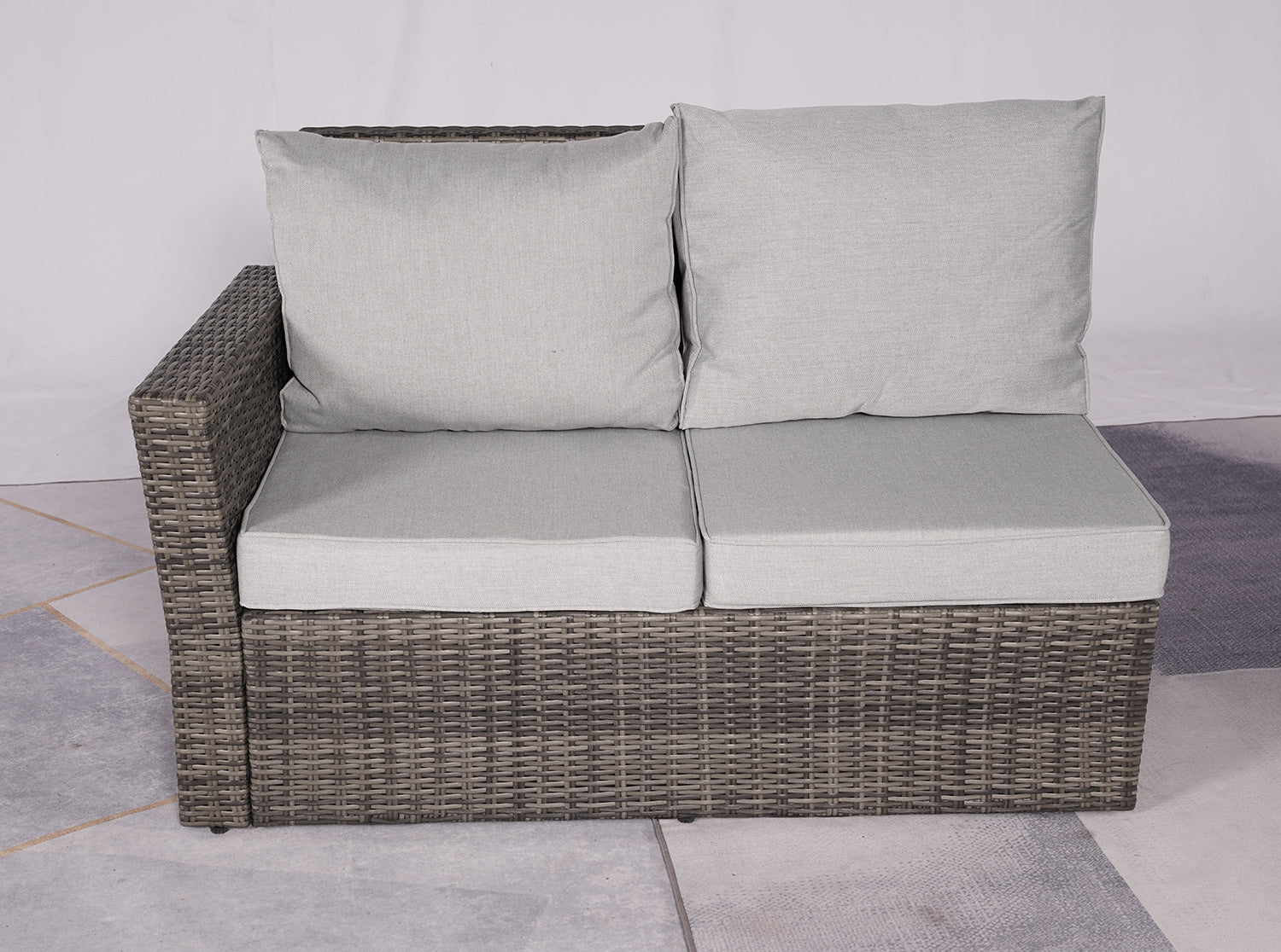 HomeRoots Seven Piece Gray Wicker Upholstered Cushions Sectional Seating Group with Fire Pit and Table
