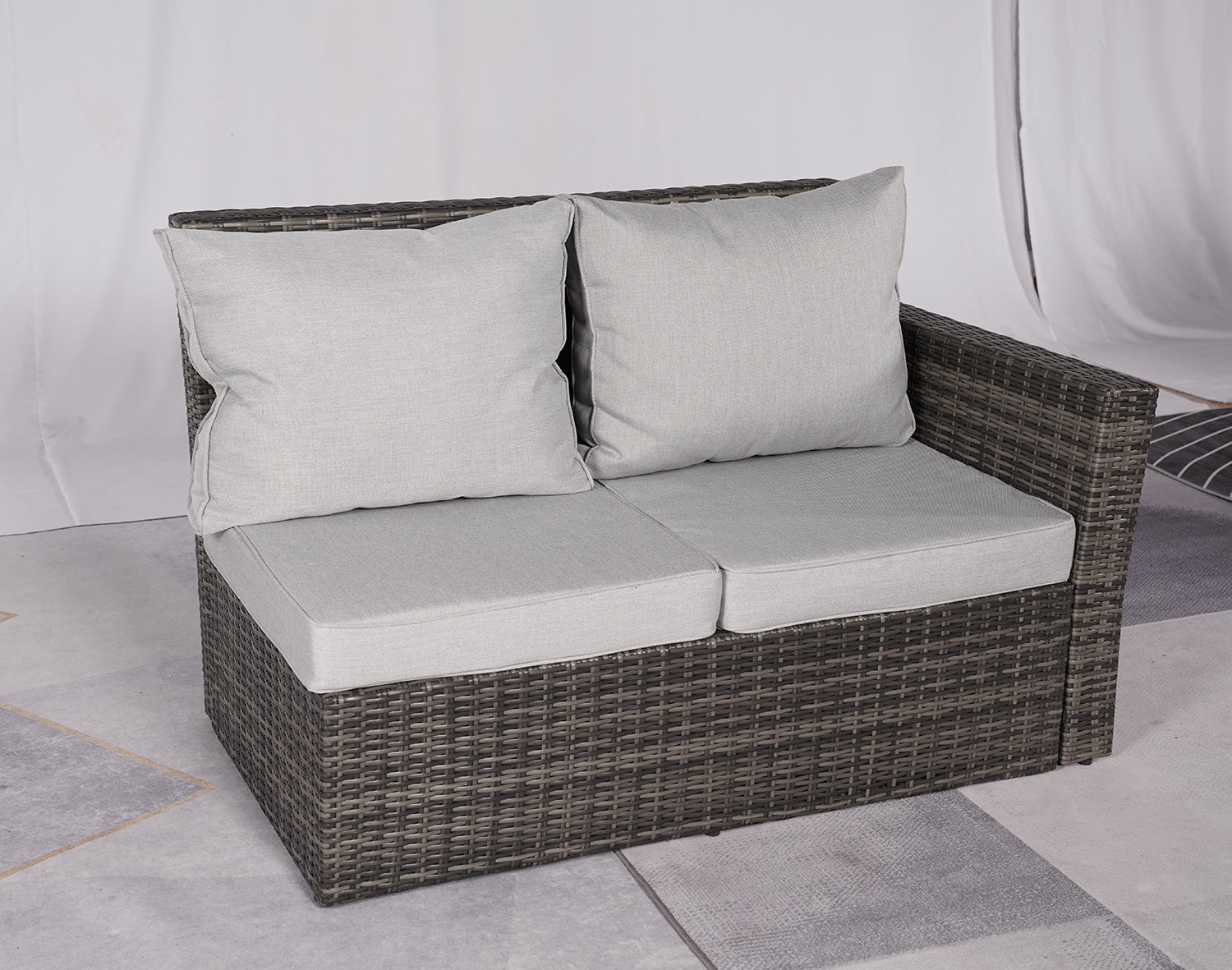 HomeRoots Seven Piece Gray Wicker Upholstered Cushions Sectional Seating Group with Fire Pit and Table