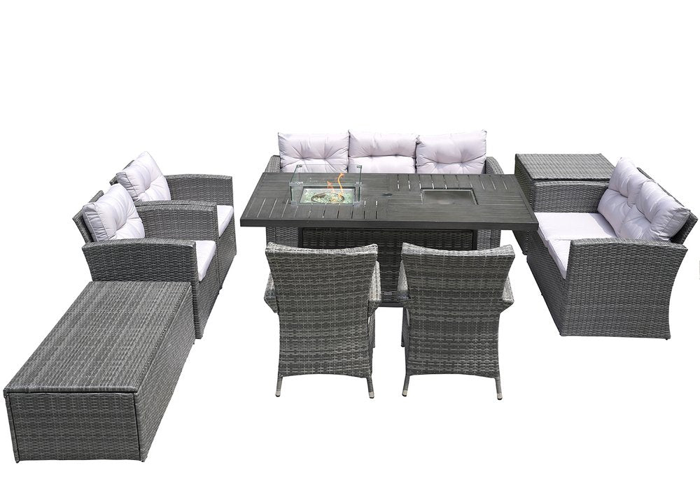 HomeRoots Nine Piece Gray Wicker Multiple Chairs Seating Group with Fire Pit and Table