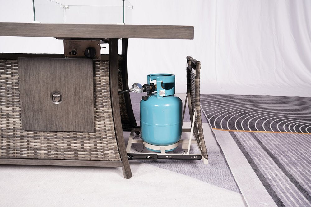 Nine Piece Gray Wicker Multiple Chairs Seating Group With Fire Pit And Table