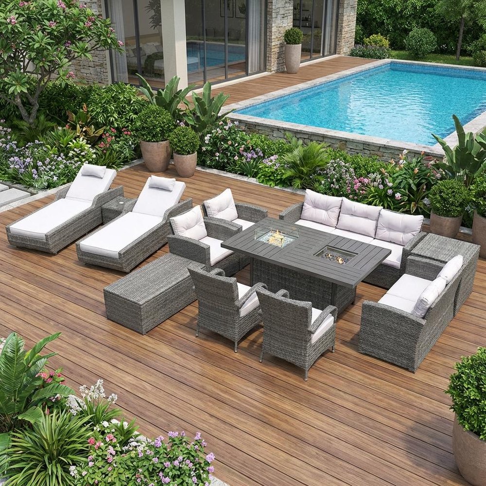 Twelve Piece Gray Wicker Multiple Chairs Seating Group With Fire Pit And Table