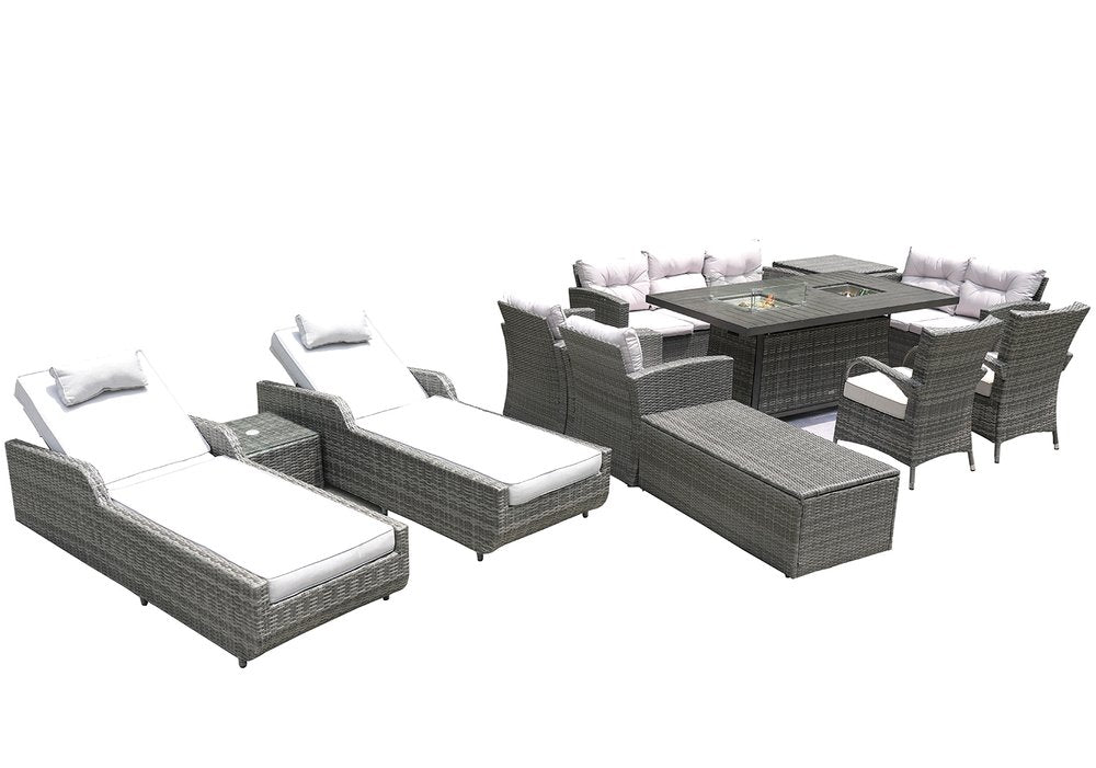 HomeRoots Twelve Piece Gray Wicker Multiple Chairs Seating Group with Fire Pit and Table