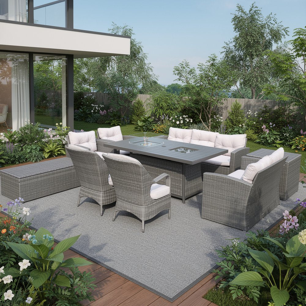 HomeRoots Ten Piece Gray Wicker Multiple Chairs Seating Group with Fire Pit and Table