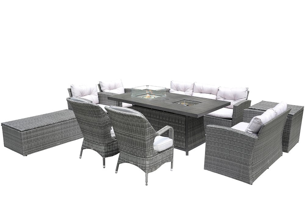HomeRoots Ten Piece Gray Wicker Multiple Chairs Seating Group with Fire Pit and Table