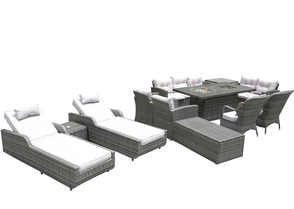 HomeRoots Twelve Piece Outdoor Gray Wicker Multiple Chairs Seating Group with Fire Pit and White Cushions