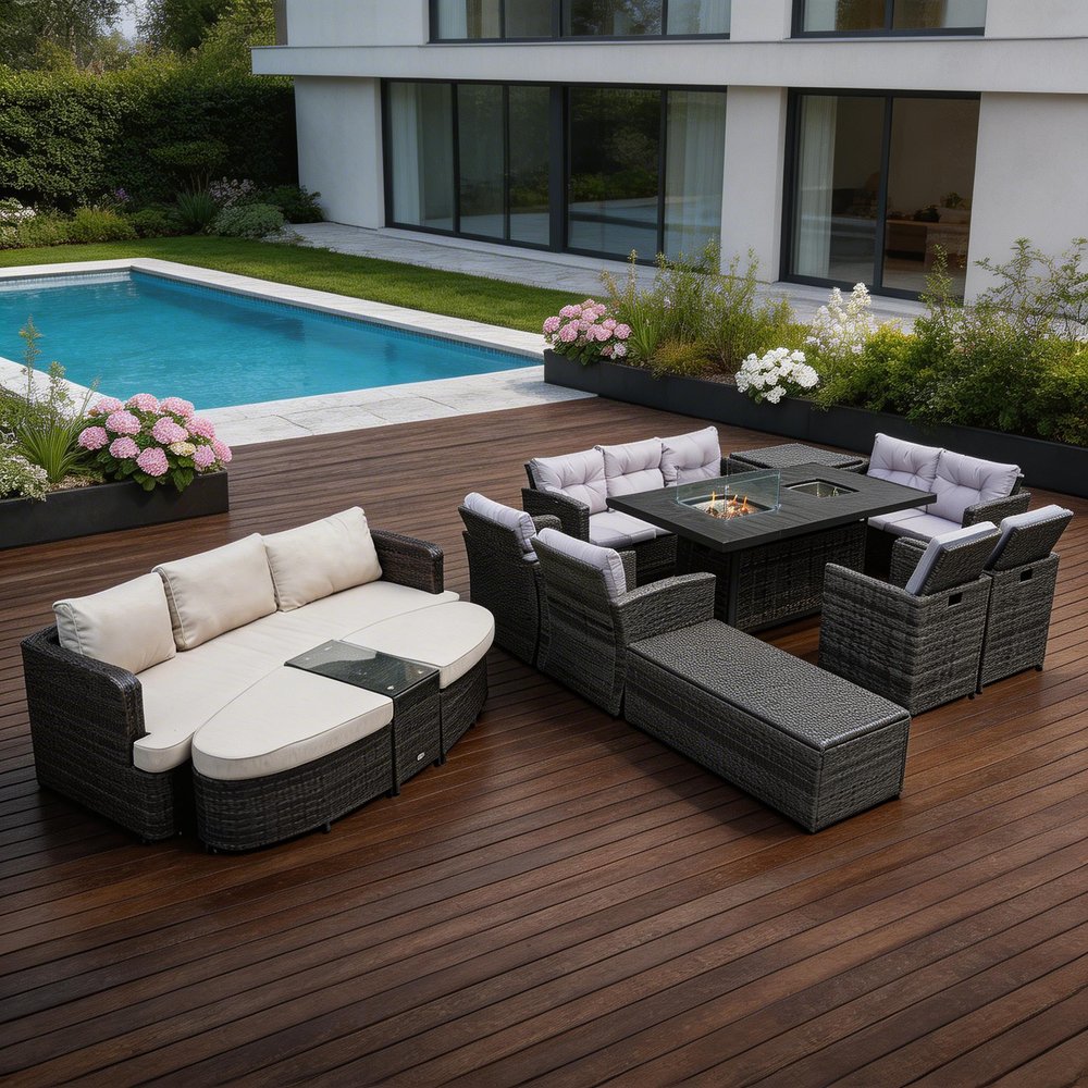 HomeRoots Ten Piece Gray Wicker Multiple Chairs Seating Group with Fire Pit and Table