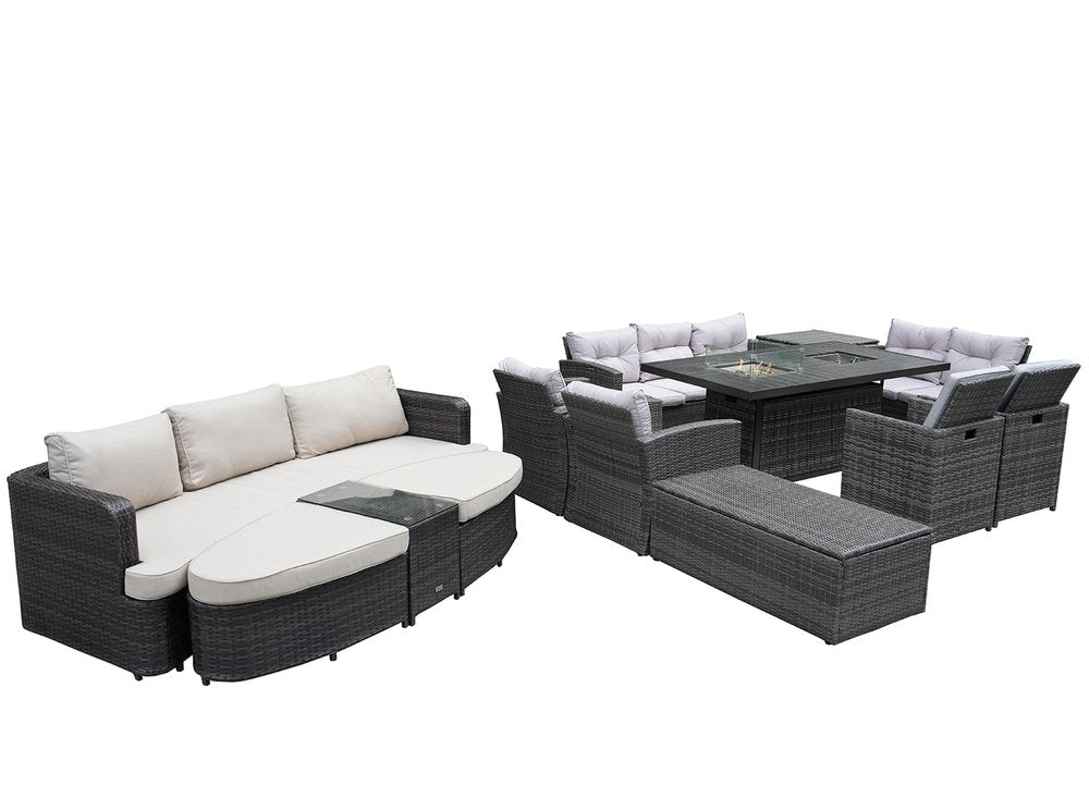 Ten Piece Gray Wicker Multiple Chairs Seating Group With Fire Pit And Table