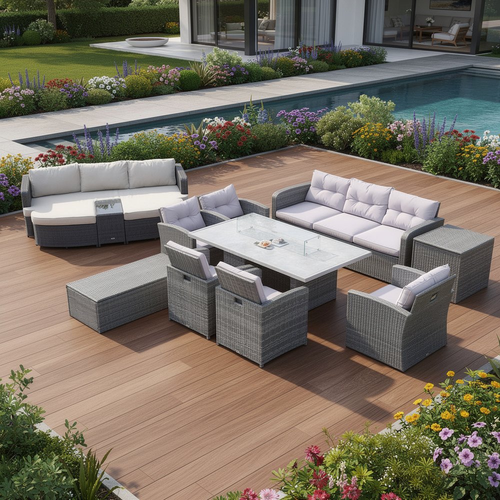 HomeRoots Eleven Piece Gray Wicker Multiple Chairs Seating Group with Fire Pit and Table