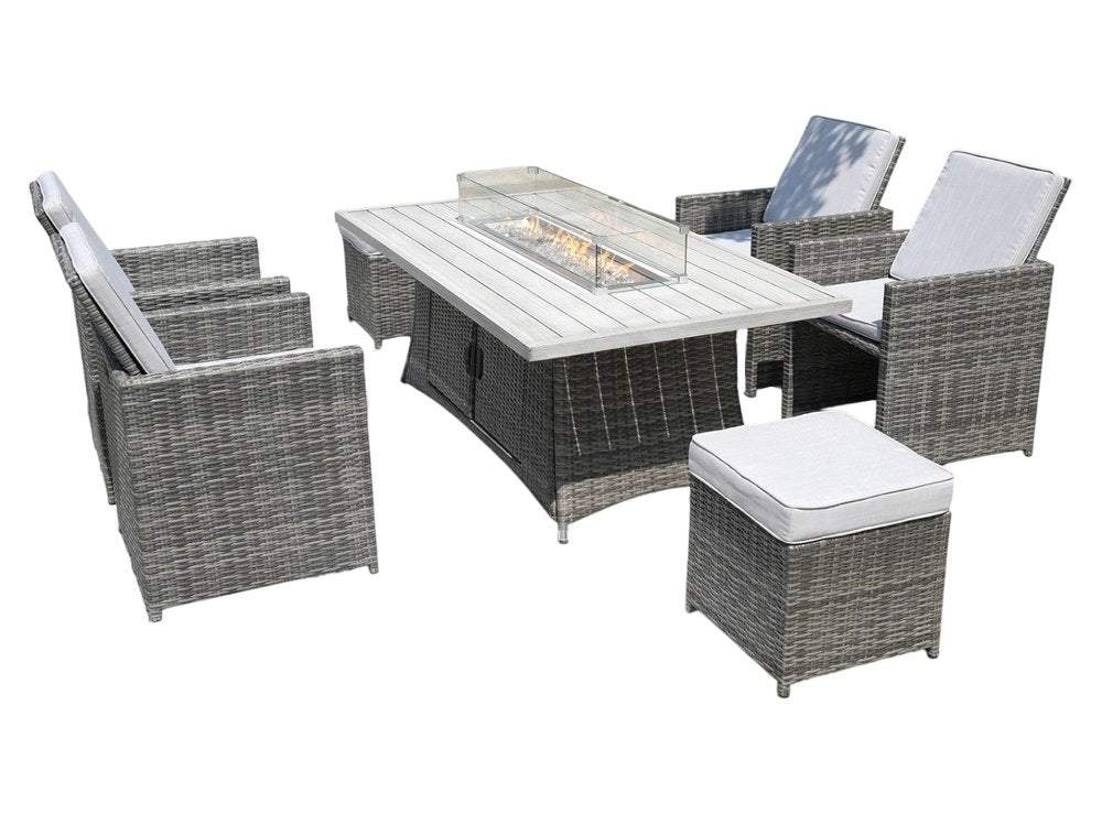 HomeRoots Seven Piece Gray Wicker Multiple Chairs Seating Group with Fire Pit and Table