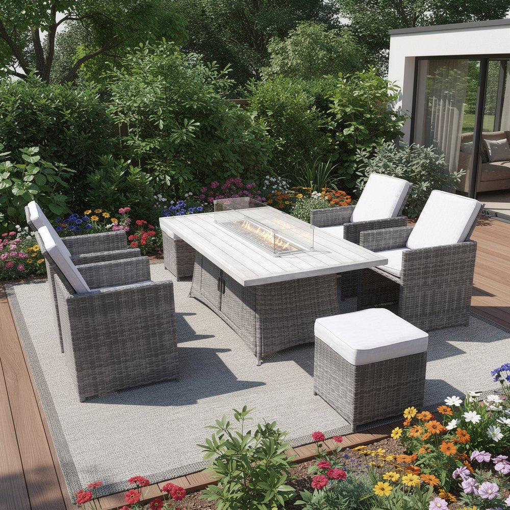 HomeRoots Seven Piece Gray Wicker Multiple Chairs Seating Group with Fire Pit and Table