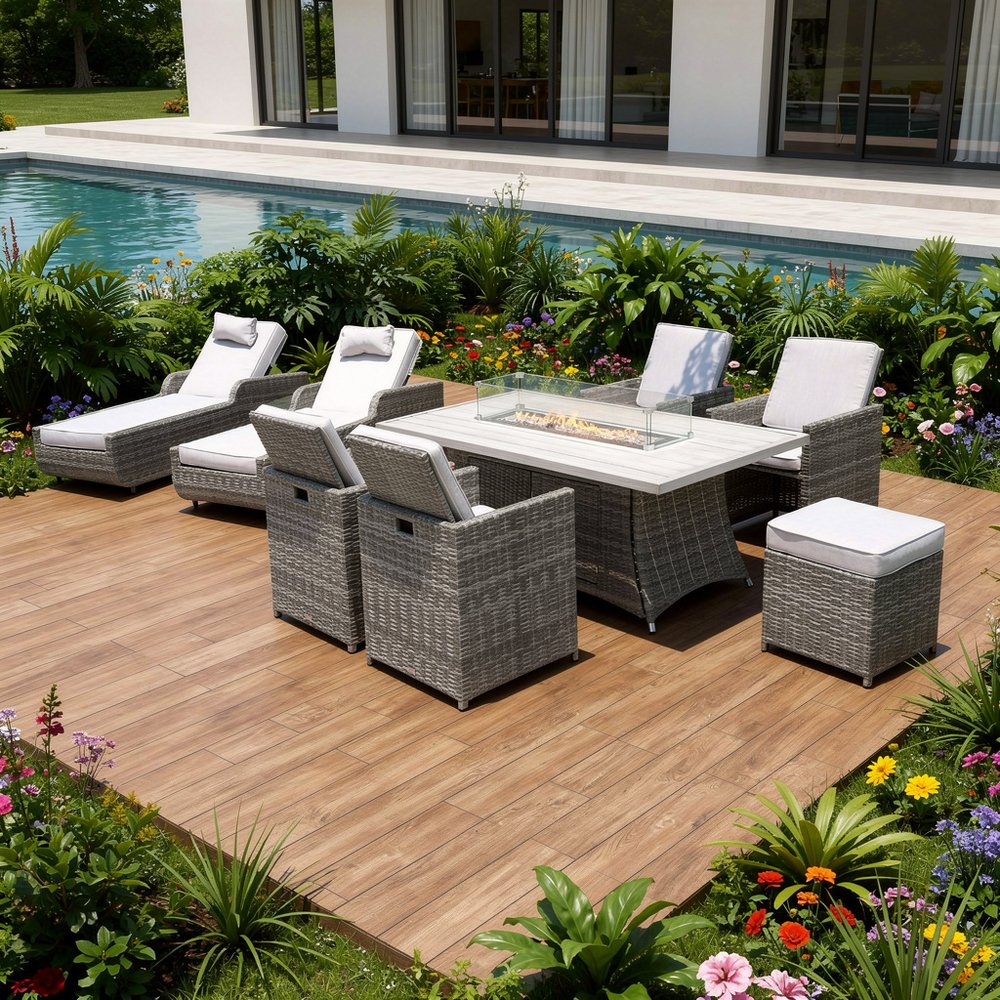HomeRoots Nine Piece Outdoor Gray Wicker Multiple Chairs Seating Group with Fire Pit and Gray Cushions