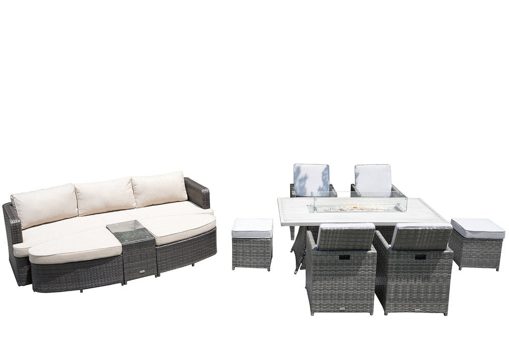 HomeRoots Nine Piece Gray Wicker Multiple Chairs Seating Group with Fire Pit and Table