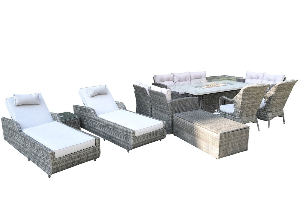 HomeRoots Twelve Piece Gray Wicker Multiple Chairs Seating Group with Fire Pit and Table