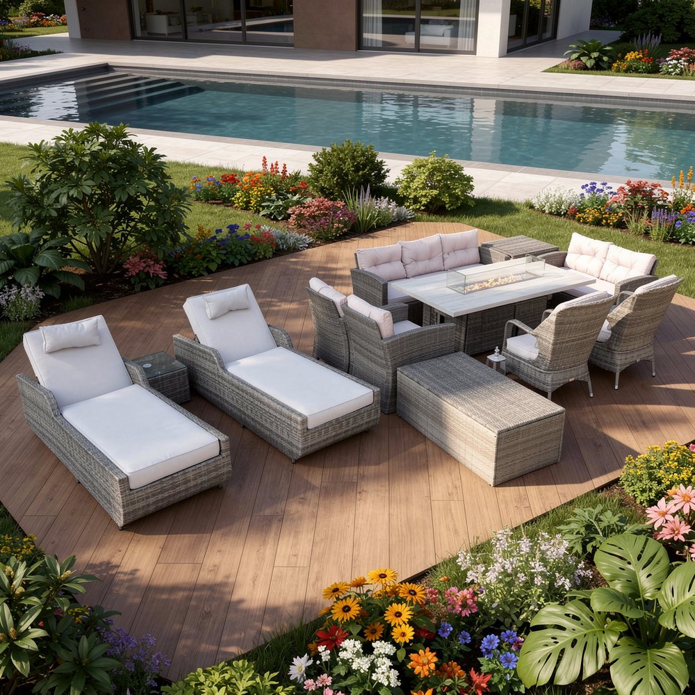 HomeRoots Twelve Piece Gray Wicker Multiple Chairs Seating Group with Fire Pit and Table