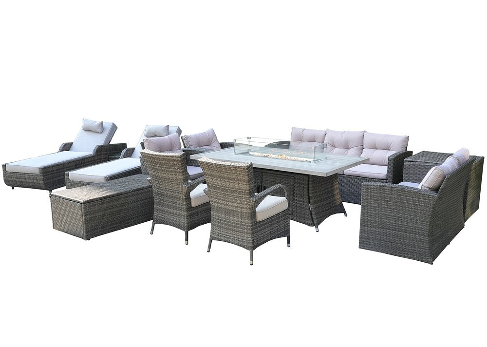 HomeRoots Twelve Piece Gray Wicker Multiple Chairs Seating Group with Fire Pit and Table