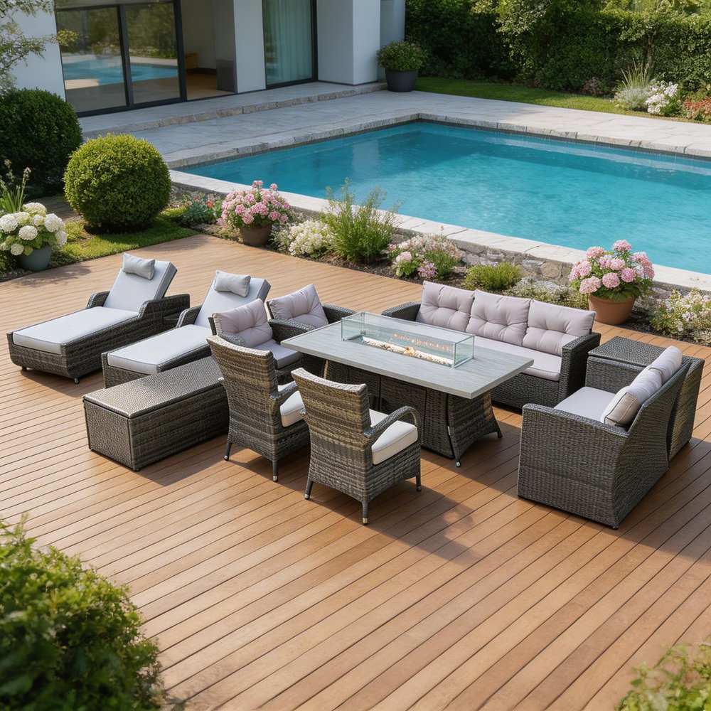 HomeRoots Twelve Piece Gray Wicker Multiple Chairs Seating Group with Fire Pit and Table