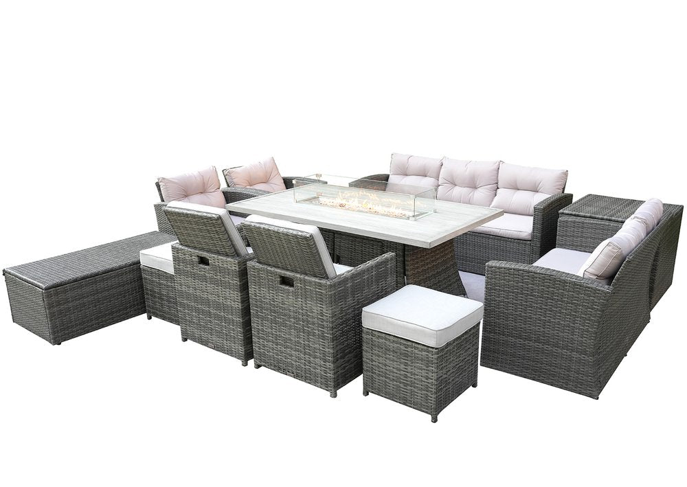 HomeRoots Eleven Piece Gray Wicker Multiple Chairs Seating Group with Fire Pit and Table
