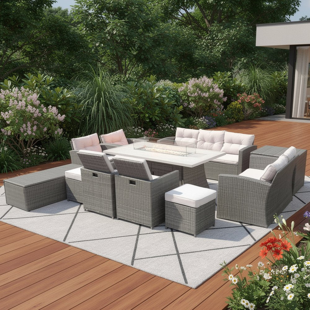 HomeRoots Eleven Piece Gray Wicker Multiple Chairs Seating Group with Fire Pit and Table