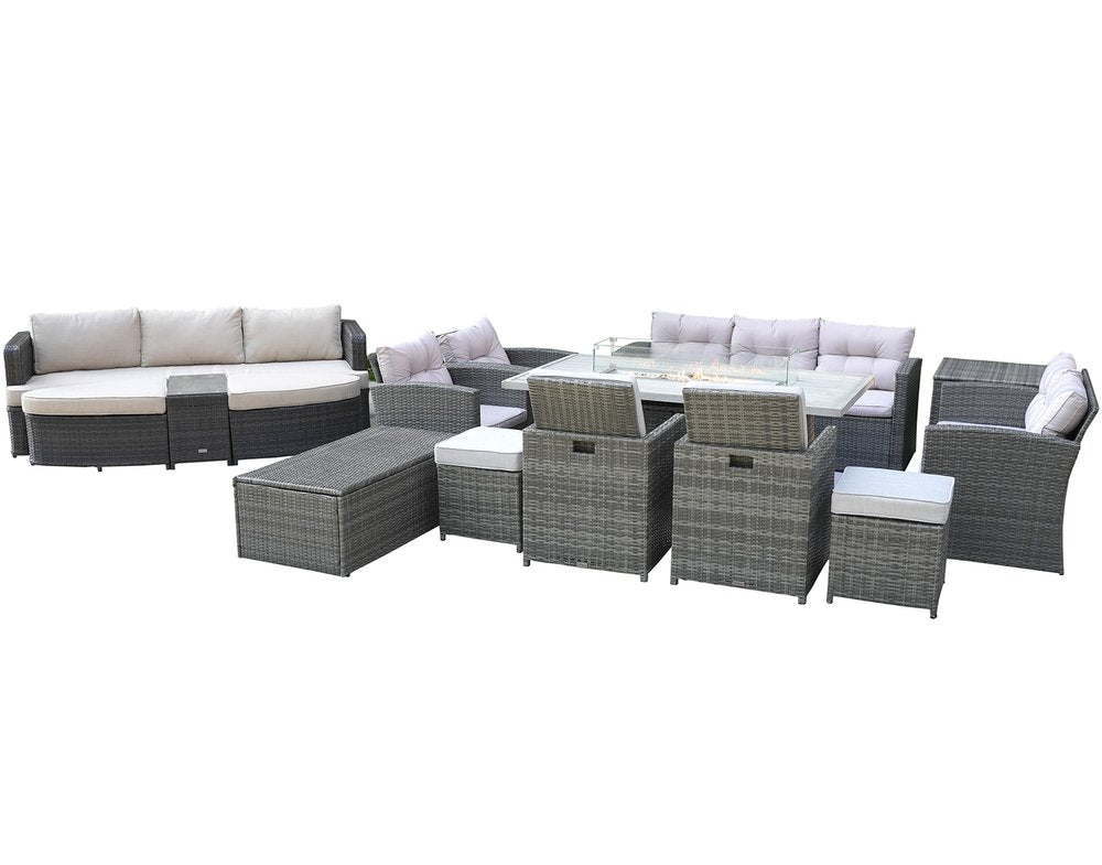 Twelve Piece Gray Wicker Multiple Chairs Seating Group With Fire Pit And Table