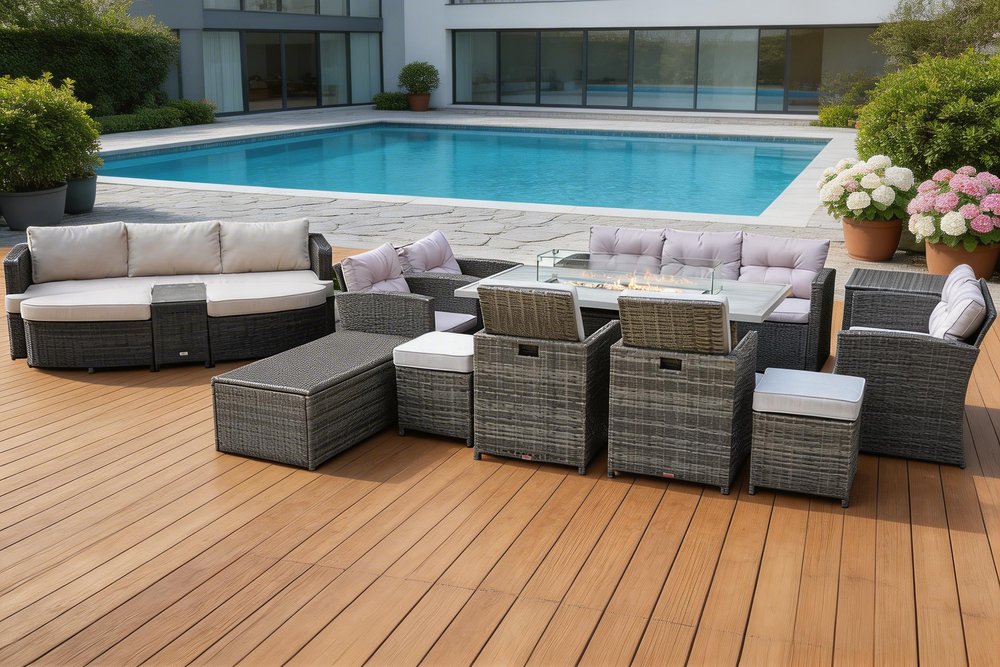HomeRoots Twelve Piece Gray Wicker Multiple Chairs Seating Group with Fire Pit and Table