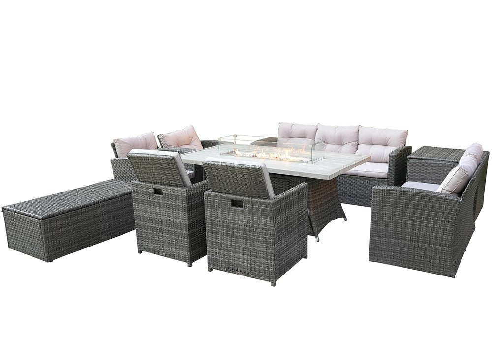 HomeRoots Nine Piece Gray Wicker Multiple Chairs Seating Group with Fire Pit and Table