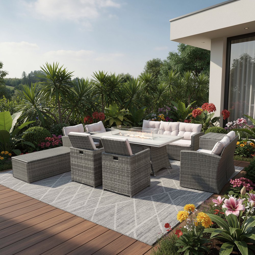 Nine Piece Gray Wicker Multiple Chairs Seating Group With Fire Pit And Table